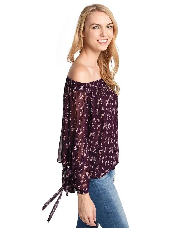 MISA Los Angeles Silk Feel Floral Peasant Blouse Off Shoulder XS - Picture 2 of 10